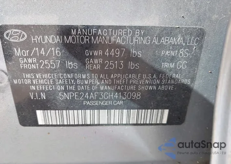 2016 Hyundai Sonata Se from USA, damaged, VIN 5NPE24AF3GH413098